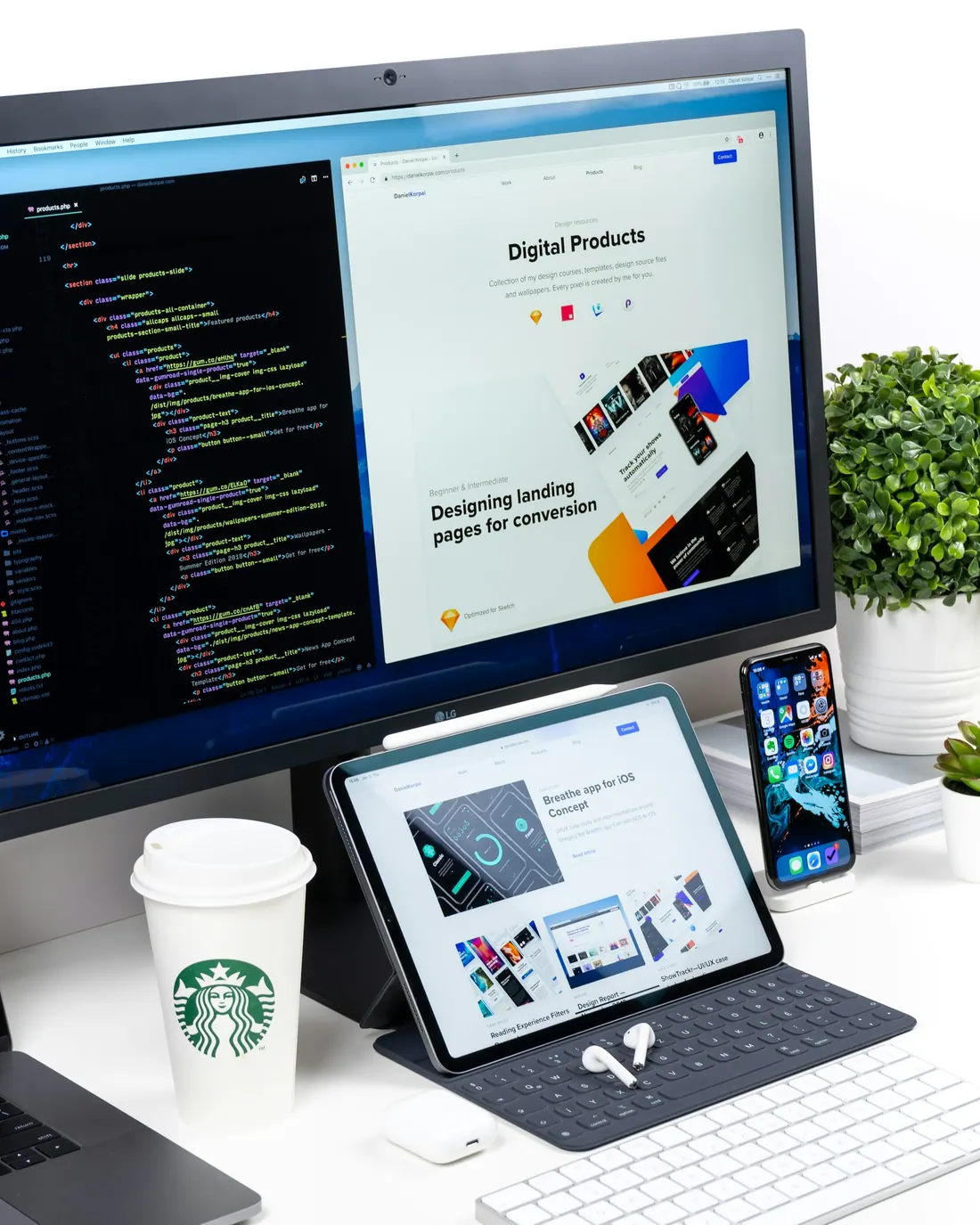 Landing page design shown on desktop, tablet and phone